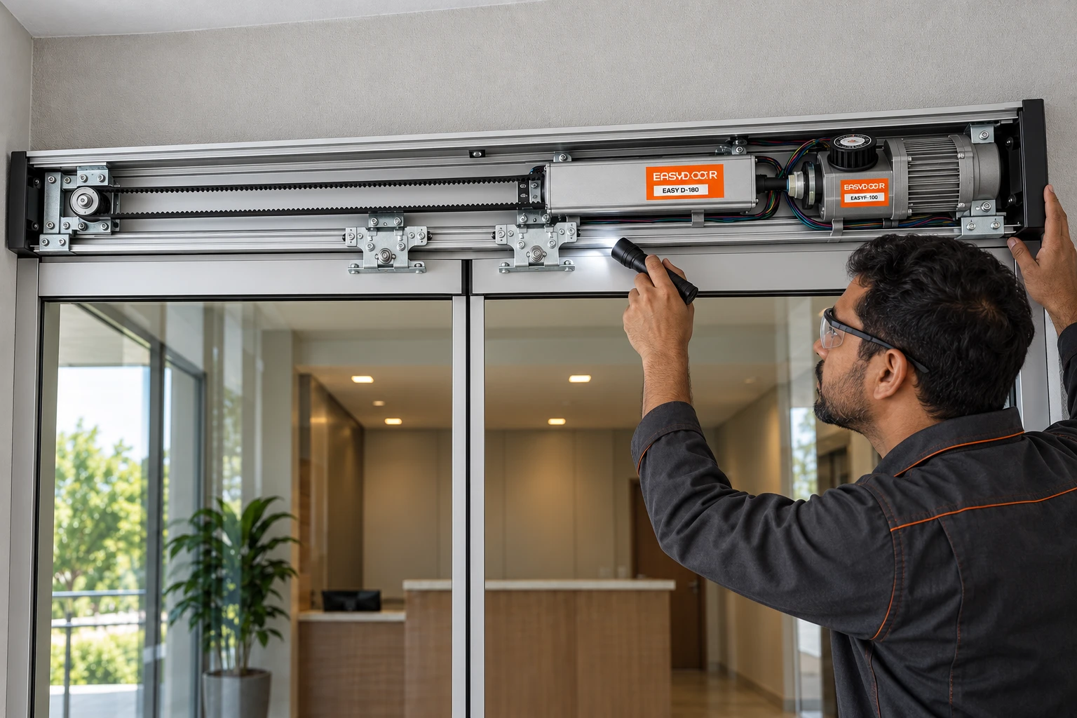 Cena ilustrativa de verificação e manutenção de uma porta automática