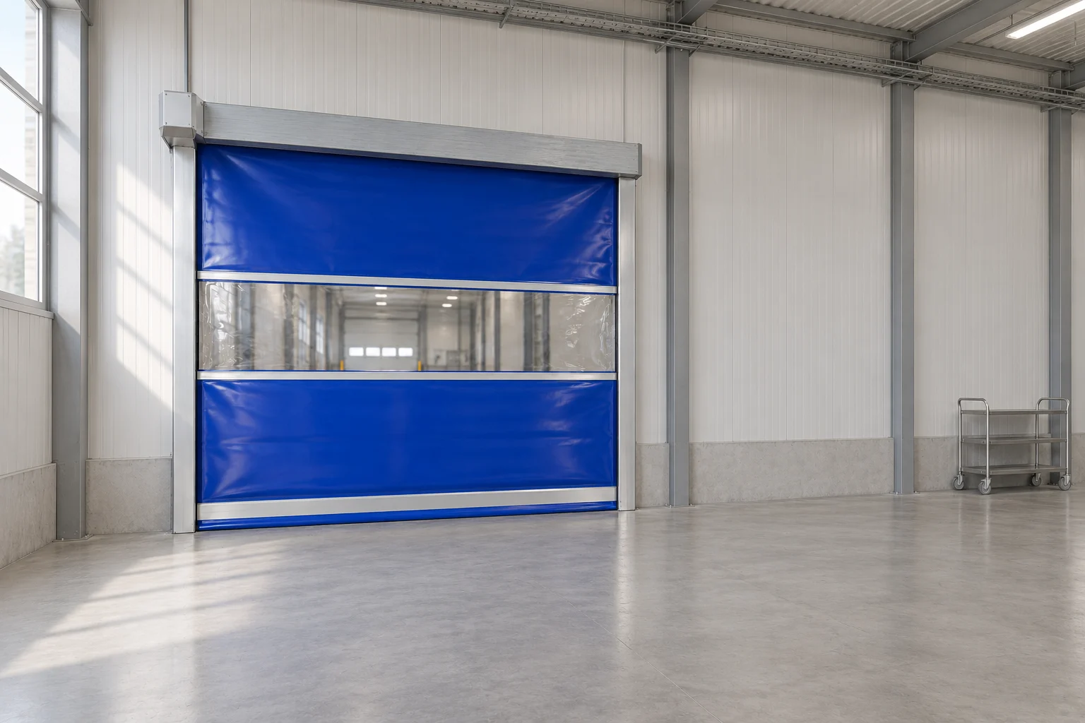 Ilustração da porta de lona azul DFlex em ambiente industrial