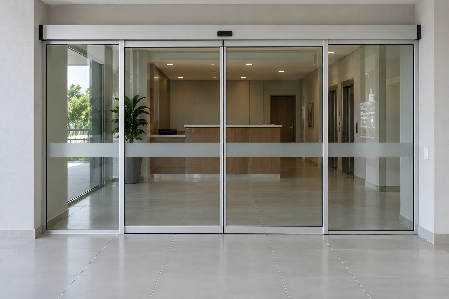 Ambientação ilustrativa de uma entrada com portas automáticas de vidro